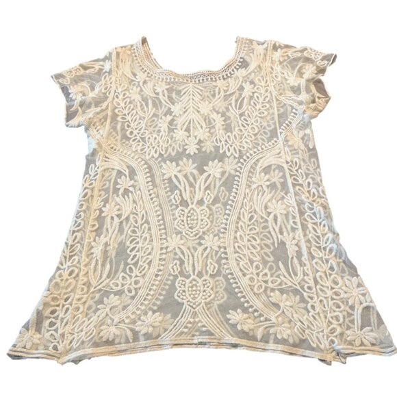Dulcie Sheer Lace Short Sleeved Top M Embroidered Sheer Boho Coquette mesh - Picture 9 of 9